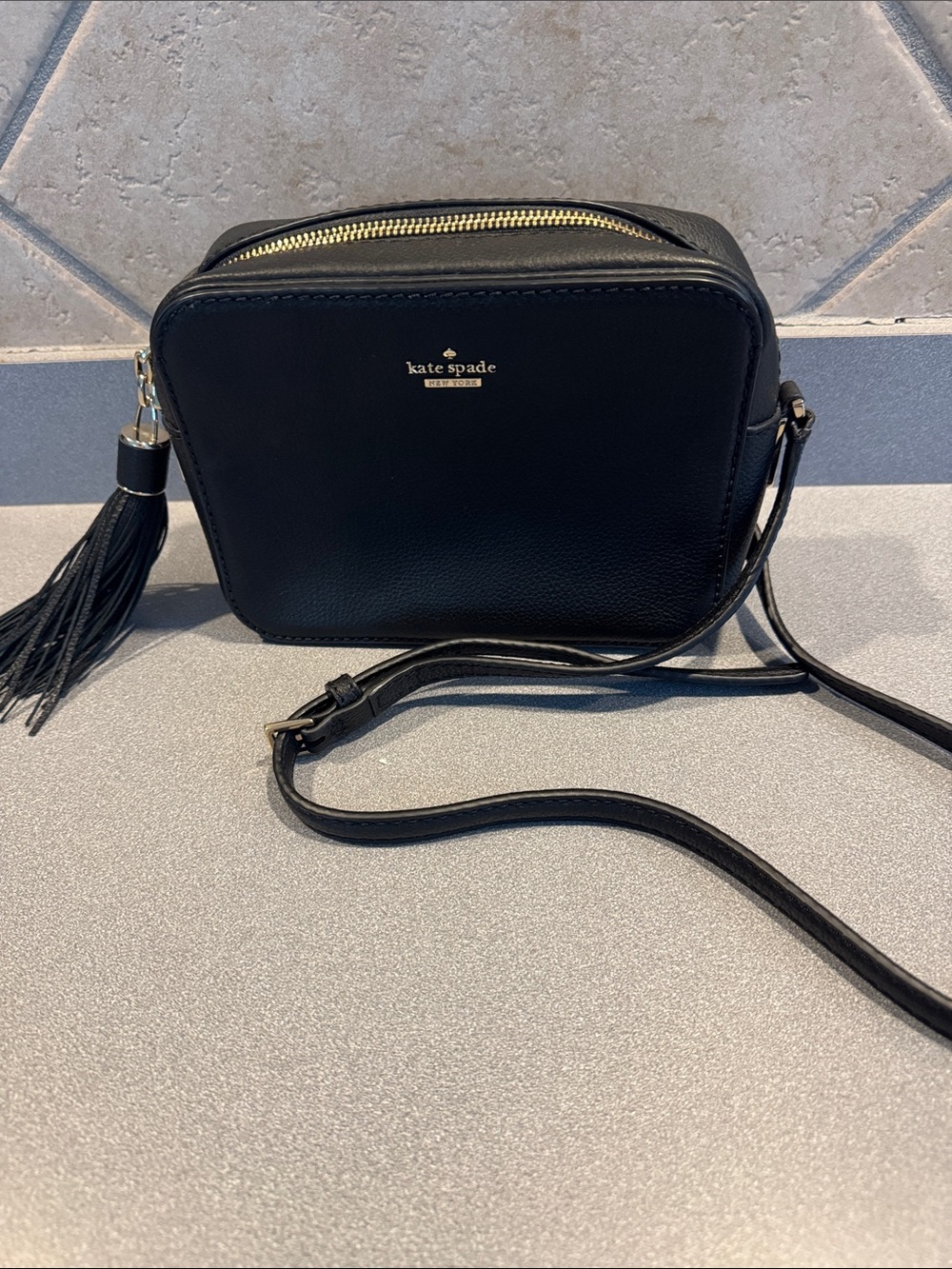 kate spade Black Leather Tassel Crossbody Camera Bag